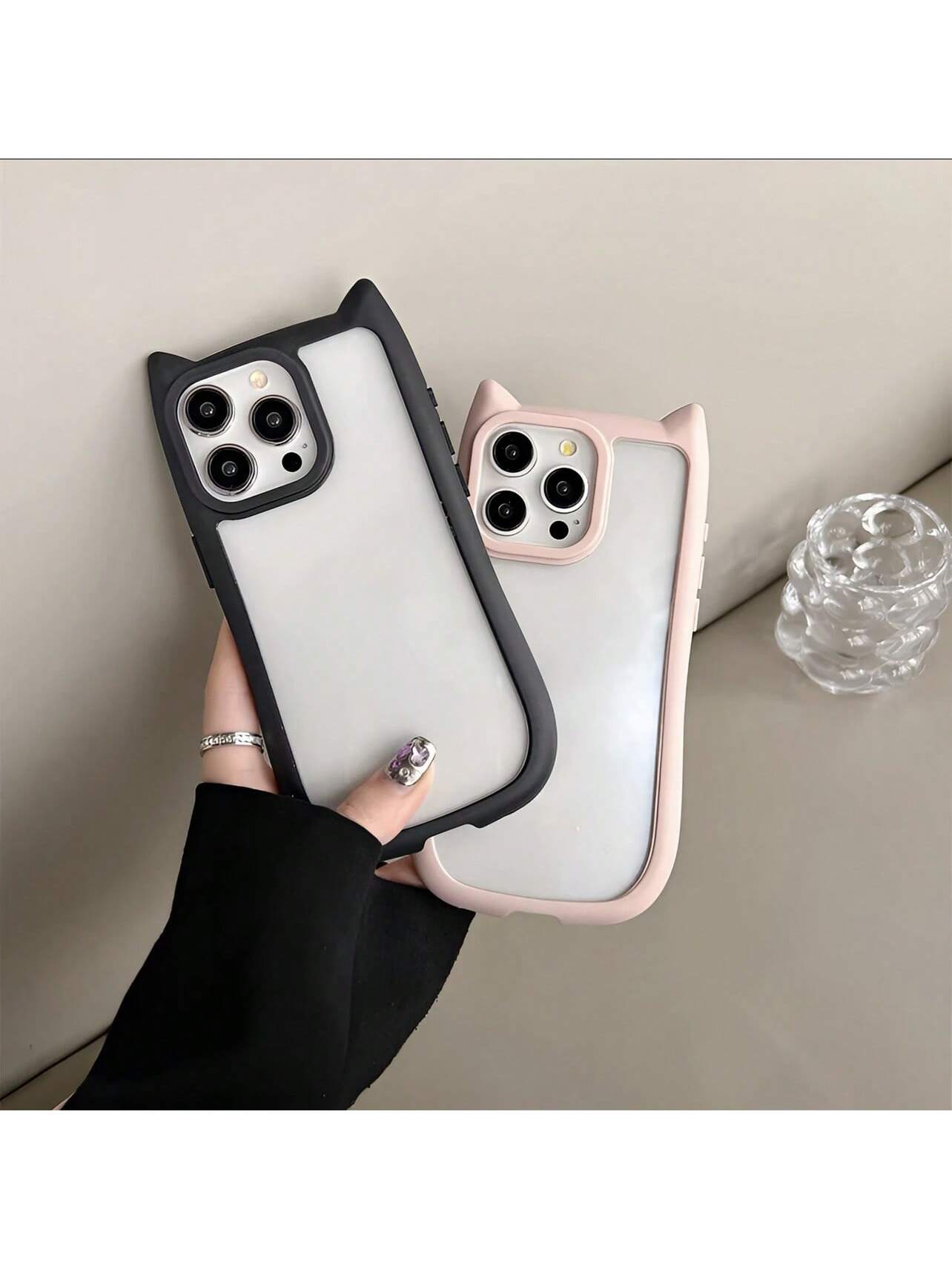 Cute Pink Black Animal Ear Style Novelty Case Transparent Acrylic Backplate 3D Cute Cat Ear (Steamed Bun Cat Ear Shaped) Phone Case Anti-Pollution Anti-Drop Anti-Fingerprint Compatible With IPhone 11