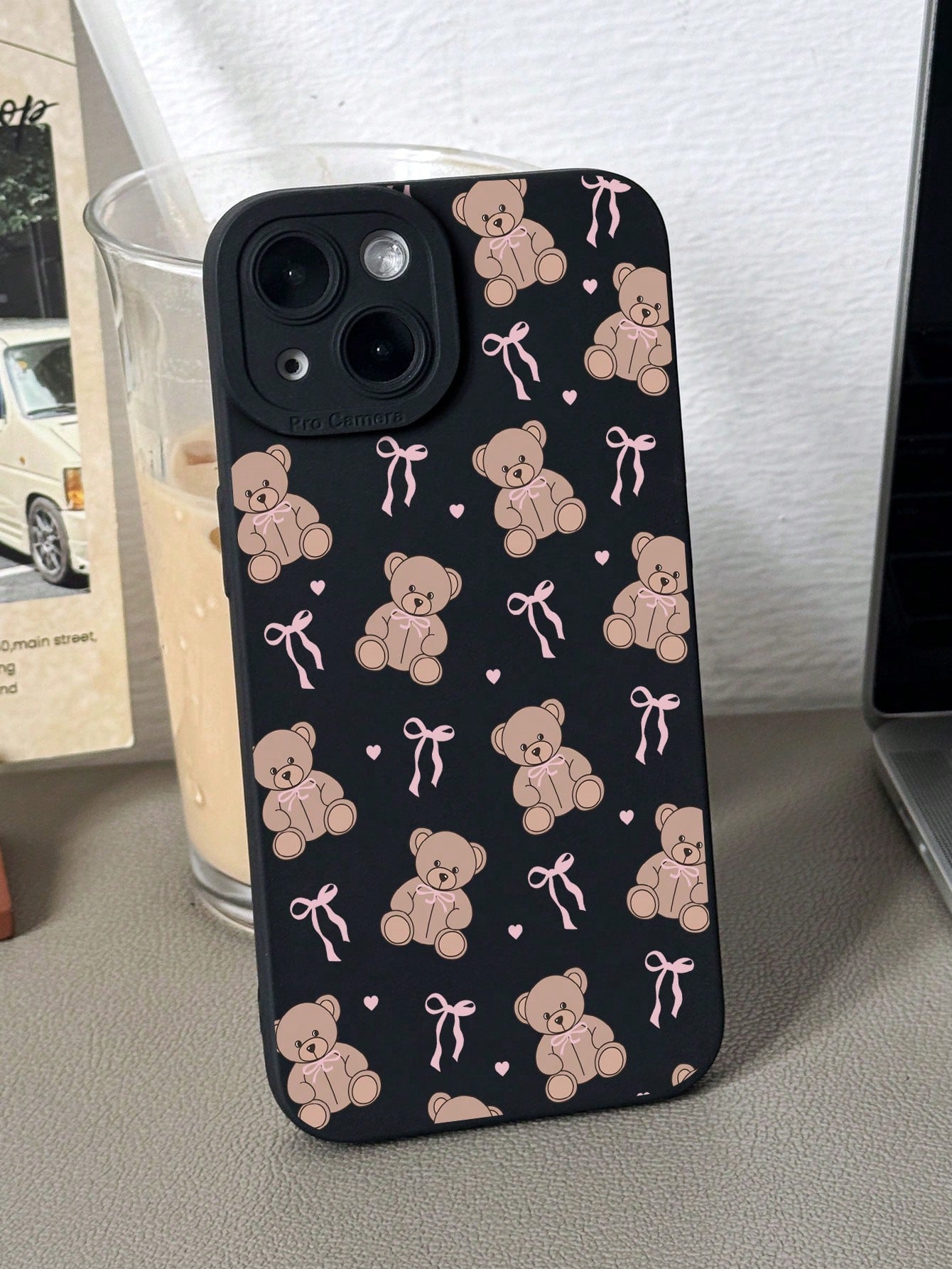 Cute Pink Black Teddy Bear Elements Fashion Phone Case Cute Pink Matte Black Teddy Bear Pattern Fashion Phone Case 1PC Cute Girl Style Bowknot Matte Black Full Protect Soft Phone Case Compatible With