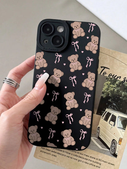 Cute Pink Black Teddy Bear Elements Fashion Phone Case Cute Pink Matte Black Teddy Bear Pattern Fashion Phone Case 1PC Cute Girl Style Bowknot Matte Black Full Protect Soft Phone Case Compatible With