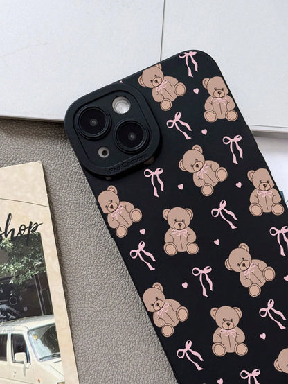 Cute Pink Black Teddy Bear Elements Fashion Phone Case Cute Pink Matte Black Teddy Bear Pattern Fashion Phone Case 1PC Cute Girl Style Bowknot Matte Black Full Protect Soft Phone Case Compatible With