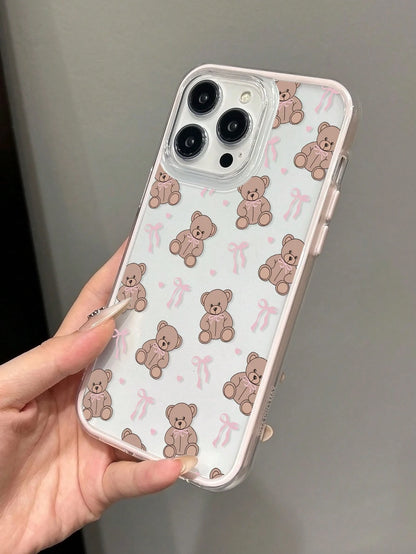 Cute Pink Black Teddy Bear Elements Fashion Phone Case Cute Pink Matte Black Teddy Bear Pattern Fashion Phone Case 1PC Cute Girl Style Bowknot Matte Black Full Protect Soft Phone Case Compatible With