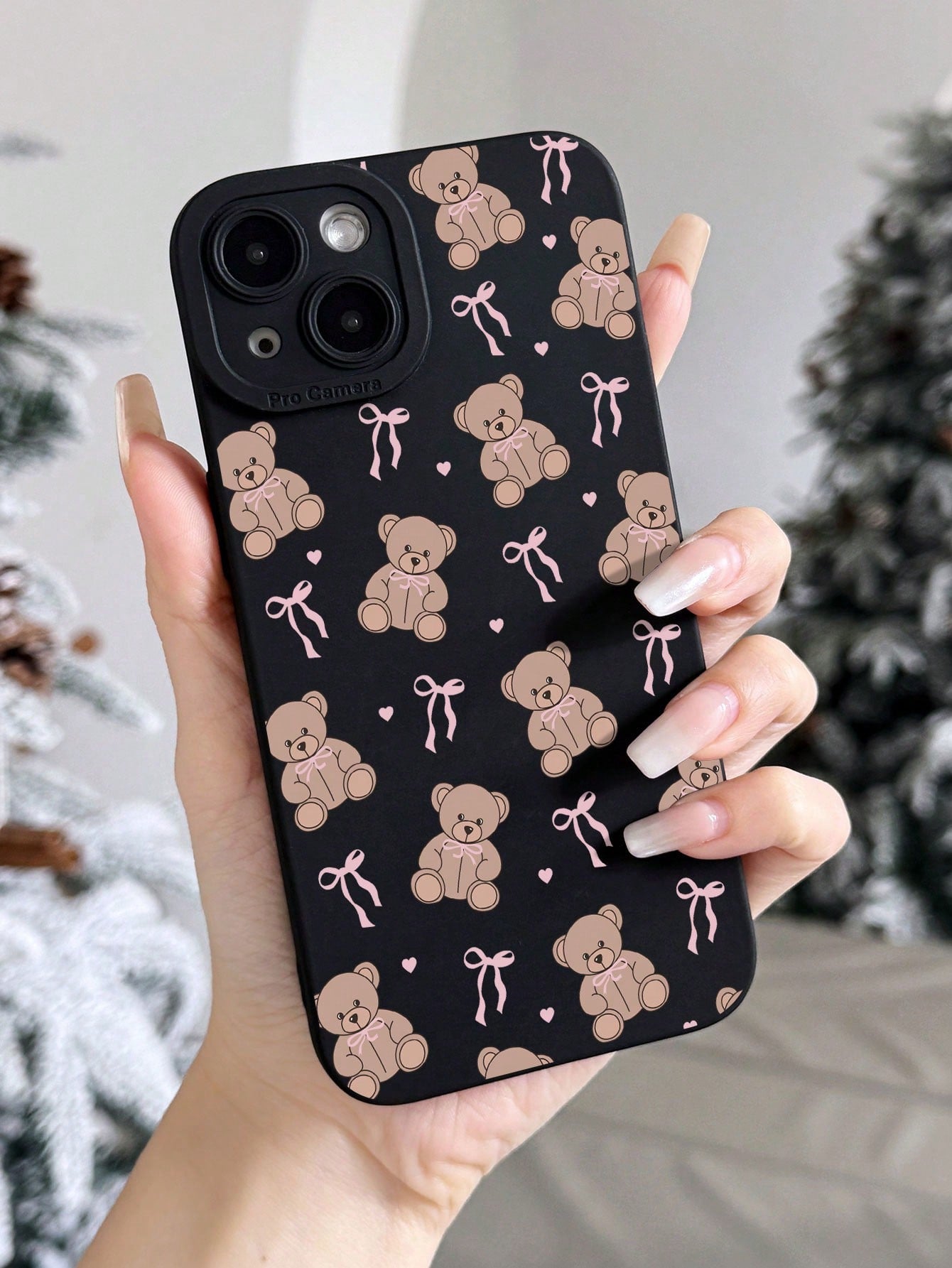 Cute Pink Black Teddy Bear Elements Fashion Phone Case Cute Pink Matte Black Teddy Bear Pattern Fashion Phone Case 1PC Cute Girl Style Bowknot Matte Black Full Protect Soft Phone Case Compatible With