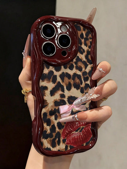 Cute Pink Leopard Print Novelty Cases Bow Lip Pattern Decoration Phone Case Compatible With IP17/IP17PROMAX/Iphone16/Iphone16pro/Iphone16promax/Iphone15/ XR/7p8p/P12promax/P13promax/P14PROMAX/P13/P1
