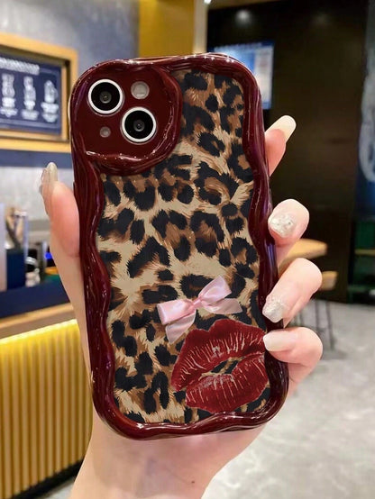 Cute Pink Leopard Print Novelty Cases Bow Lip Pattern Decoration Phone Case Compatible With IP17/IP17PROMAX/Iphone16/Iphone16pro/Iphone16promax/Iphone15/ XR/7p8p/P12promax/P13promax/P14PROMAX/P13/P1
