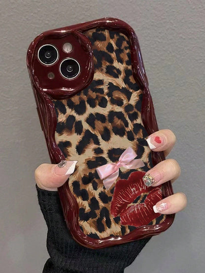 Cute Pink Leopard Print Novelty Cases Bow Lip Pattern Decoration Phone Case Compatible With IP17/IP17PROMAX/Iphone16/Iphone16pro/Iphone16promax/Iphone15/ XR/7p8p/P12promax/P13promax/P14PROMAX/P13/P1