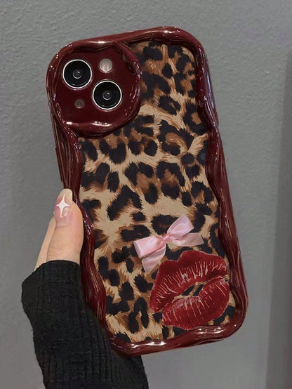 Cute Pink Leopard Print Novelty Cases Bow Lip Pattern Decoration Phone Case Compatible With IP17/IP17PROMAX/Iphone16/Iphone16pro/Iphone16promax/Iphone15/ XR/7p8p/P12promax/P13promax/P14PROMAX/P13/P1