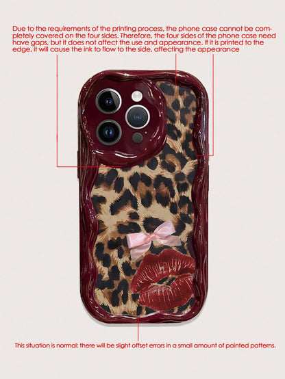 Cute Pink Leopard Print Novelty Cases Bow Lip Pattern Decoration Phone Case Compatible With IP17/IP17PROMAX/Iphone16/Iphone16pro/Iphone16promax/Iphone15/ XR/7p8p/P12promax/P13promax/P14PROMAX/P13/P1