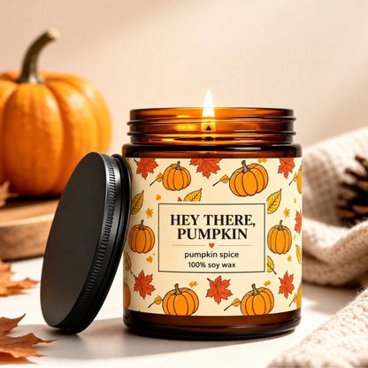 Cute Pumpkin & Maple Leaf Print Amber Jar Candle, Soy Wax, Warm Autumn Desktop Decor, Cozy Niche Gift For Halloween & Thanksgiving Party