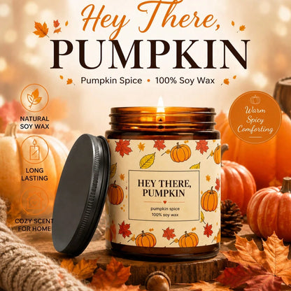 Cute Pumpkin & Maple Leaf Print Amber Jar Candle, Soy Wax, Warm Autumn Desktop Decor, Cozy Niche Gift For Halloween & Thanksgiving Party