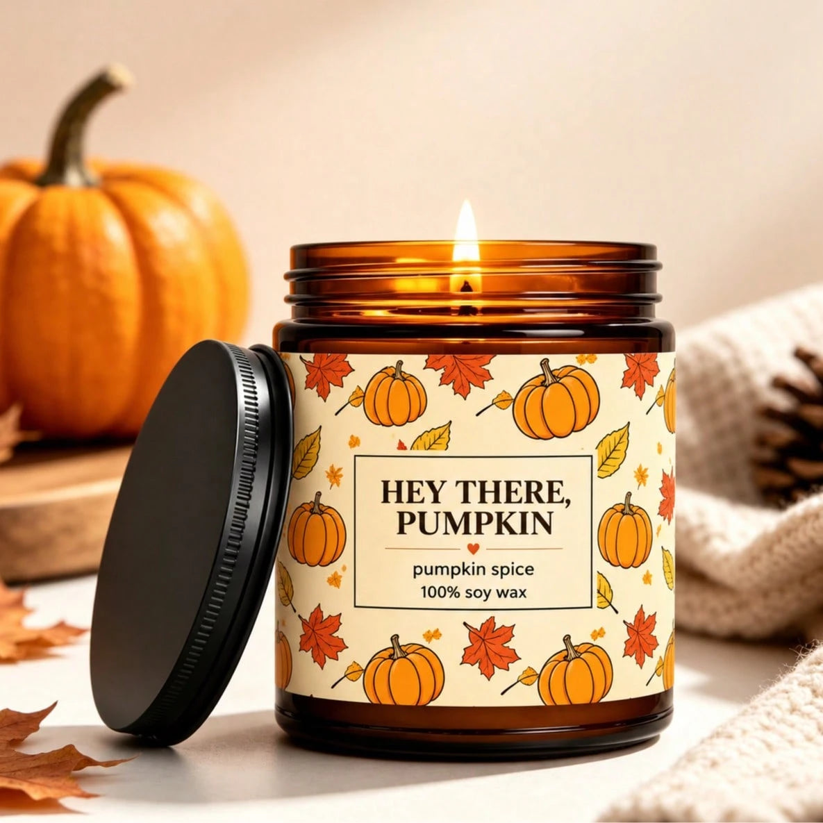 Cute Pumpkin & Maple Leaf Print Amber Jar Candle, Soy Wax, Warm Autumn Desktop Decor, Cozy Niche Gift For Halloween & Thanksgiving Party
