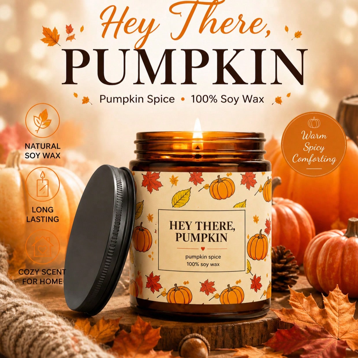 Cute Pumpkin & Maple Leaf Print Amber Jar Candle, Soy Wax, Warm Autumn Desktop Decor, Cozy Niche Gift For Halloween & Thanksgiving Party