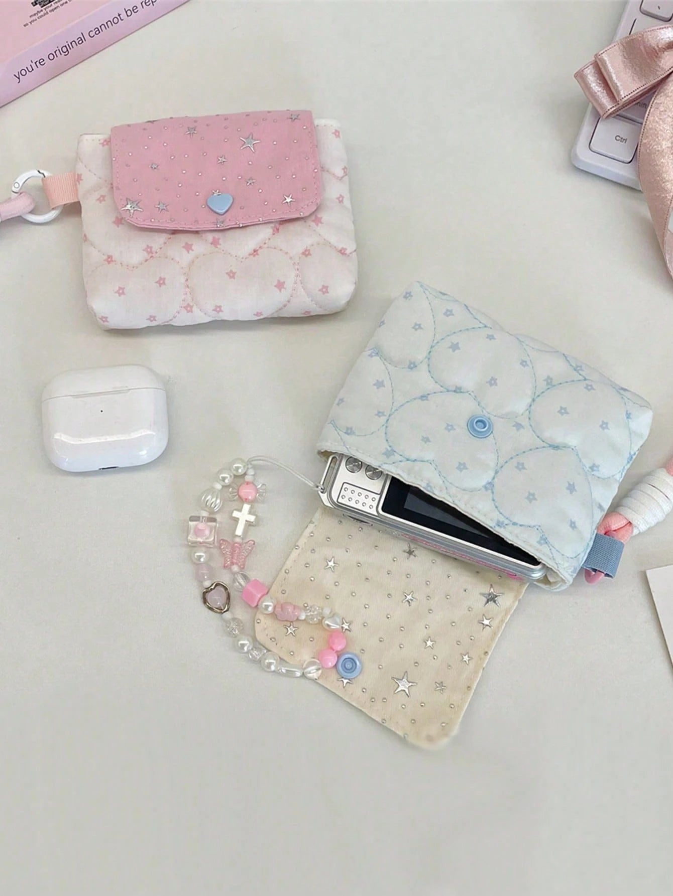 Cute Star & Heart Quilted Camera Bag, Heart Quilted CCD Camera Protective Case, Multi-Functional Storage Bag, Portable Wrist Bag, Snap Closure, Y2K Style Storage Bag