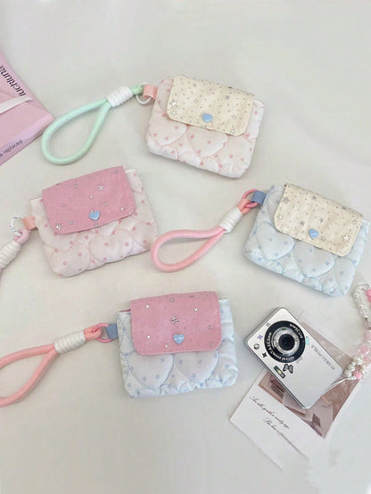 Cute Star & Heart Quilted Camera Bag, Heart Quilted CCD Camera Protective Case, Multi-Functional Storage Bag, Portable Wrist Bag, Snap Closure, Y2K Style Storage Bag