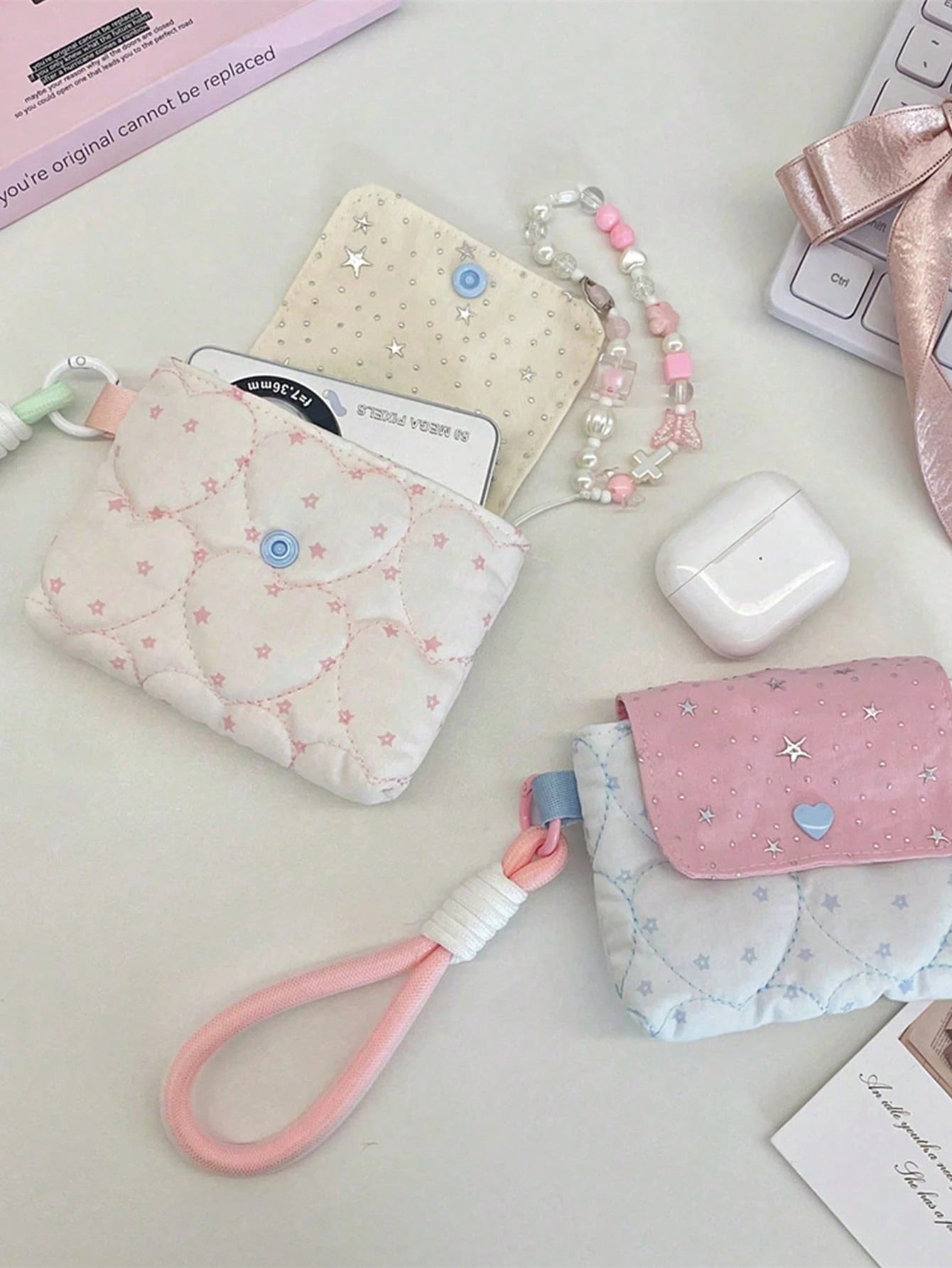 Cute Star & Heart Quilted Camera Bag, Heart Quilted CCD Camera Protective Case, Multi-Functional Storage Bag, Portable Wrist Bag, Snap Closure, Y2K Style Storage Bag