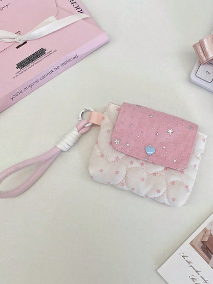 Cute Star & Heart Quilted Camera Bag, Heart Quilted CCD Camera Protective Case, Multi-Functional Storage Bag, Portable Wrist Bag, Snap Closure, Y2K Style Storage Bag