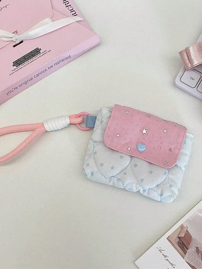 Cute Star & Heart Quilted Camera Bag, Heart Quilted CCD Camera Protective Case, Multi-Functional Storage Bag, Portable Wrist Bag, Snap Closure, Y2K Style Storage Bag