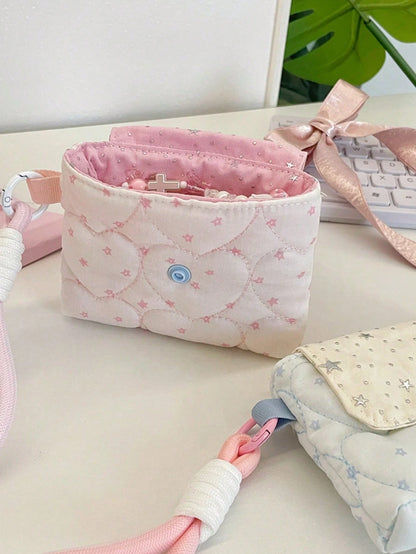 Cute Star & Heart Quilted Camera Bag, Heart Quilted CCD Camera Protective Case, Multi-Functional Storage Bag, Portable Wrist Bag, Snap Closure, Y2K Style Storage Bag