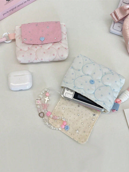 Cute Star & Heart Quilted Camera Bag, Heart Quilted CCD Camera Protective Case, Multi-Functional Storage Bag, Portable Wrist Bag, Snap Closure, Y2K Style Storage Bag