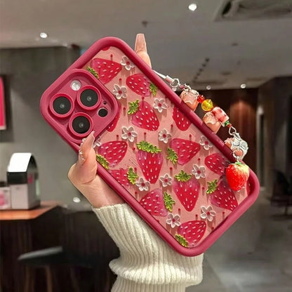 Cute Strawberry Element Stand Phone Case Fashionable UV Full-Screen Strawberry Pattern Shockproof Phone Case, Comes With Strawberry Lanyard, Compatible With IPhone 17, 16, 15, 14, 13, S26, S25, S24, H