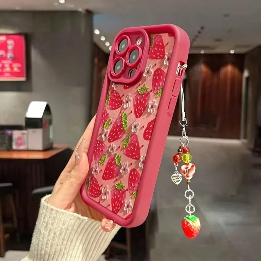 Cute Strawberry Element Stand Phone Case Fashionable UV Full-Screen Strawberry Pattern Shockproof Phone Case, Comes With Strawberry Lanyard, Compatible With IPhone 17, 16, 15, 14, 13, S26, S25, S24, H