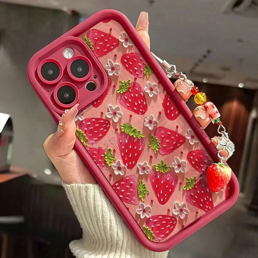 Cute Strawberry Element Stand Phone Case Fashionable UV Full-Screen Strawberry Pattern Shockproof Phone Case, Comes With Strawberry Lanyard, Compatible With IPhone 17, 16, 15, 14, 13, S26, S25, S24, H