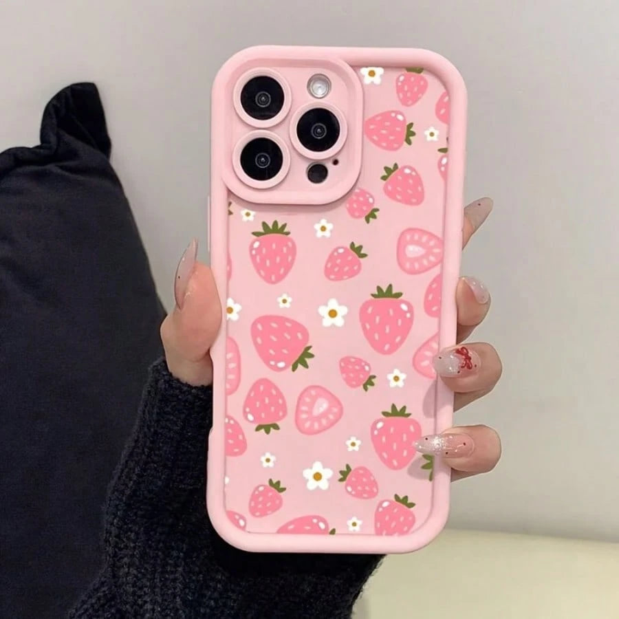 Cute Strawberry Element Stand Phone Case Fashionable UV Full-Screen Strawberry Pattern Shockproof Phone Case, Comes With Strawberry Lanyard, Compatible With IPhone 17, 16, 15, 14, 13, S26, S25, S24, H