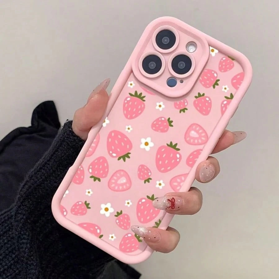 Cute Strawberry Element Stand Phone Case Fashionable UV Full-Screen Strawberry Pattern Shockproof Phone Case, Comes With Strawberry Lanyard, Compatible With IPhone 17, 16, 15, 14, 13, S26, S25, S24, H
