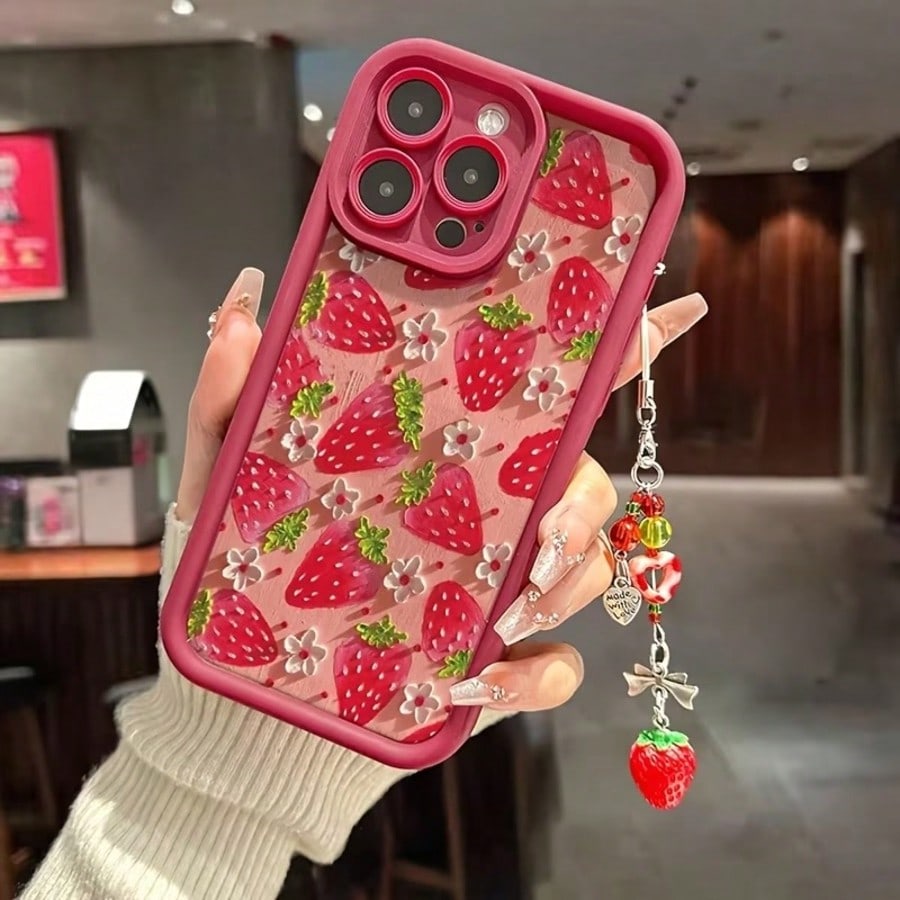 Cute Strawberry Element Stand Phone Case Fashionable UV Full-Screen Strawberry Pattern Shockproof Phone Case, Comes With Strawberry Lanyard, Compatible With IPhone 17, 16, 15, 14, 13, S26, S25, S24, H