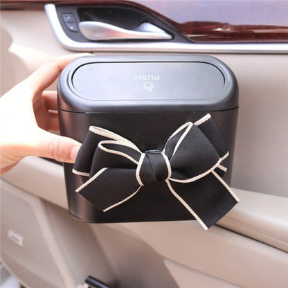 Cute White Frame Bow Car Door Hanging Trash Can, Push-Type Lid Mini Car Trash Bin, Hanging Multi-Functional Car Interior Storage Organizer, Waterproof Small Car Side Trash Can, Elegant Black Bow Decor