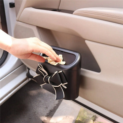Cute White Frame Bow Car Door Hanging Trash Can, Push-Type Lid Mini Car Trash Bin, Hanging Multi-Functional Car Interior Storage Organizer, Waterproof Small Car Side Trash Can, Elegant Black Bow Decor