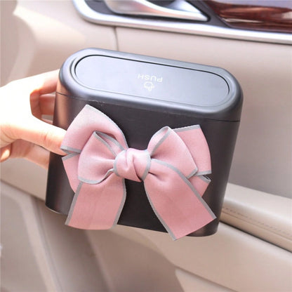 Cute White Frame Bow Car Door Hanging Trash Can, Push-Type Lid Mini Car Trash Bin, Hanging Multi-Functional Car Interior Storage Organizer, Waterproof Small Car Side Trash Can, Elegant Black Bow Decor
