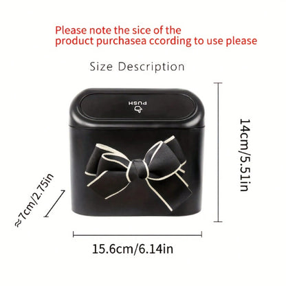 Cute White Frame Bow Car Door Hanging Trash Can, Push-Type Lid Mini Car Trash Bin, Hanging Multi-Functional Car Interior Storage Organizer, Waterproof Small Car Side Trash Can, Elegant Black Bow Decor