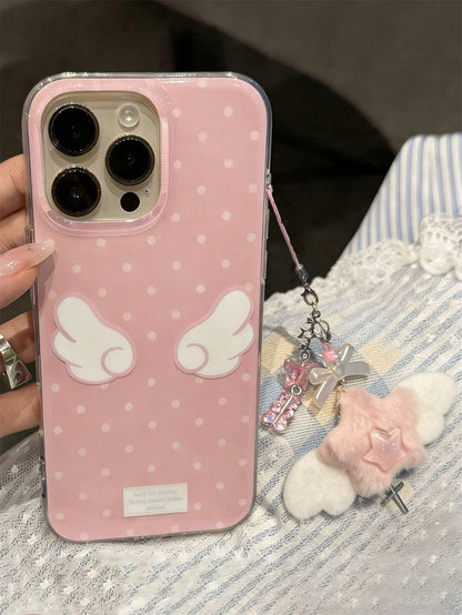 Cute White Pink Polka Dot Pattern Fashion Phone Case Compatible With Iphone 17/16/15/14/13/12/11 Pro Max With Fluffy Pink Star Pendant Soft And Comfortable Wing Patterns Birthday Gift Spring