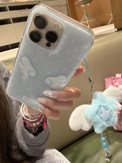 Cute White Pink Polka Dot Pattern Fashion Phone Case Compatible With Iphone 17/16/15/14/13/12/11 Pro Max With Fluffy Pink Star Pendant Soft And Comfortable Wing Patterns Birthday Gift Spring