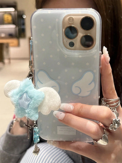 Cute White Pink Polka Dot Pattern Fashion Phone Case Compatible With Iphone 17/16/15/14/13/12/11 Pro Max With Fluffy Pink Star Pendant Soft And Comfortable Wing Patterns Birthday Gift Spring