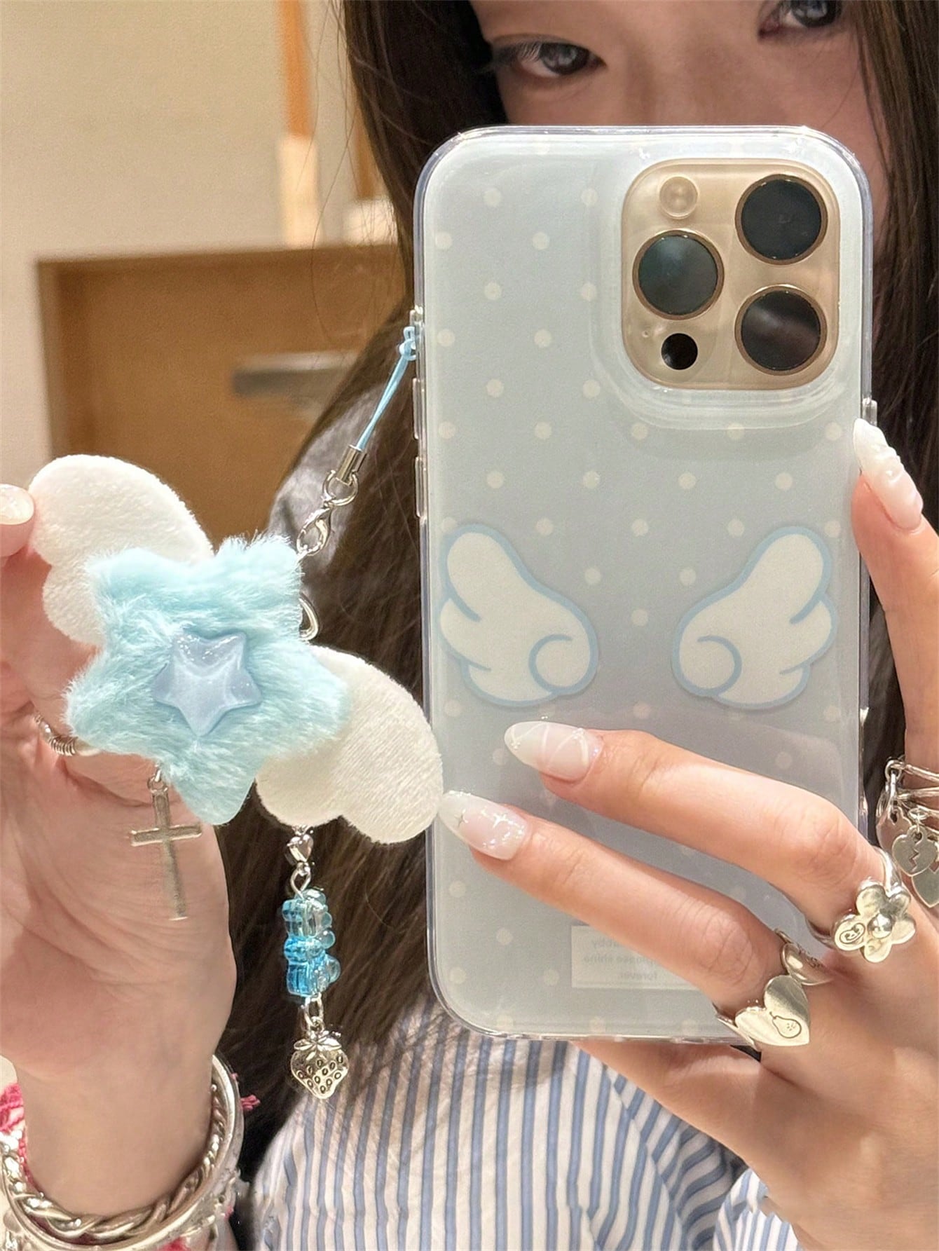 Cute White Pink Polka Dot Pattern Fashion Phone Case Compatible With Iphone 17/16/15/14/13/12/11 Pro Max With Fluffy Pink Star Pendant Soft And Comfortable Wing Patterns Birthday Gift Spring