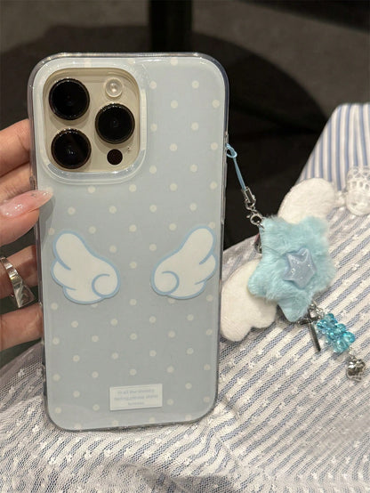 Cute White Pink Polka Dot Pattern Fashion Phone Case Compatible With Iphone 17/16/15/14/13/12/11 Pro Max With Fluffy Pink Star Pendant Soft And Comfortable Wing Patterns Birthday Gift Spring