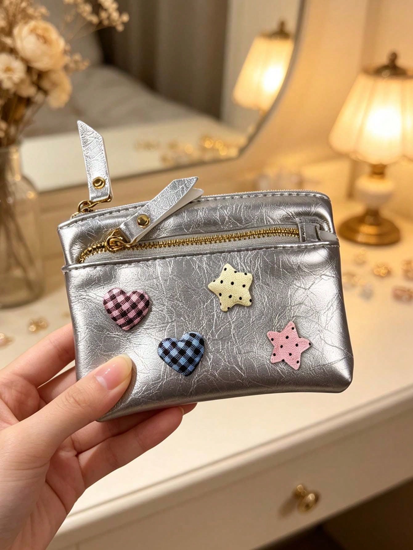 Cute Women Zipper Coin Purse,Y2k Heart Star Decorations,Double Zipper PU Wallet,Portable Key Card, Lipstick Holder,Daily Change Pouch,For Women Girl