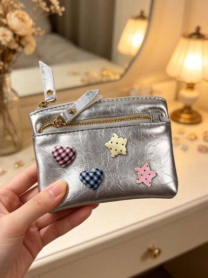 Cute Women Zipper Coin Purse,Y2k Heart Star Decorations,Double Zipper PU Wallet,Portable Key Card, Lipstick Holder,Daily Change Pouch,For Women Girl