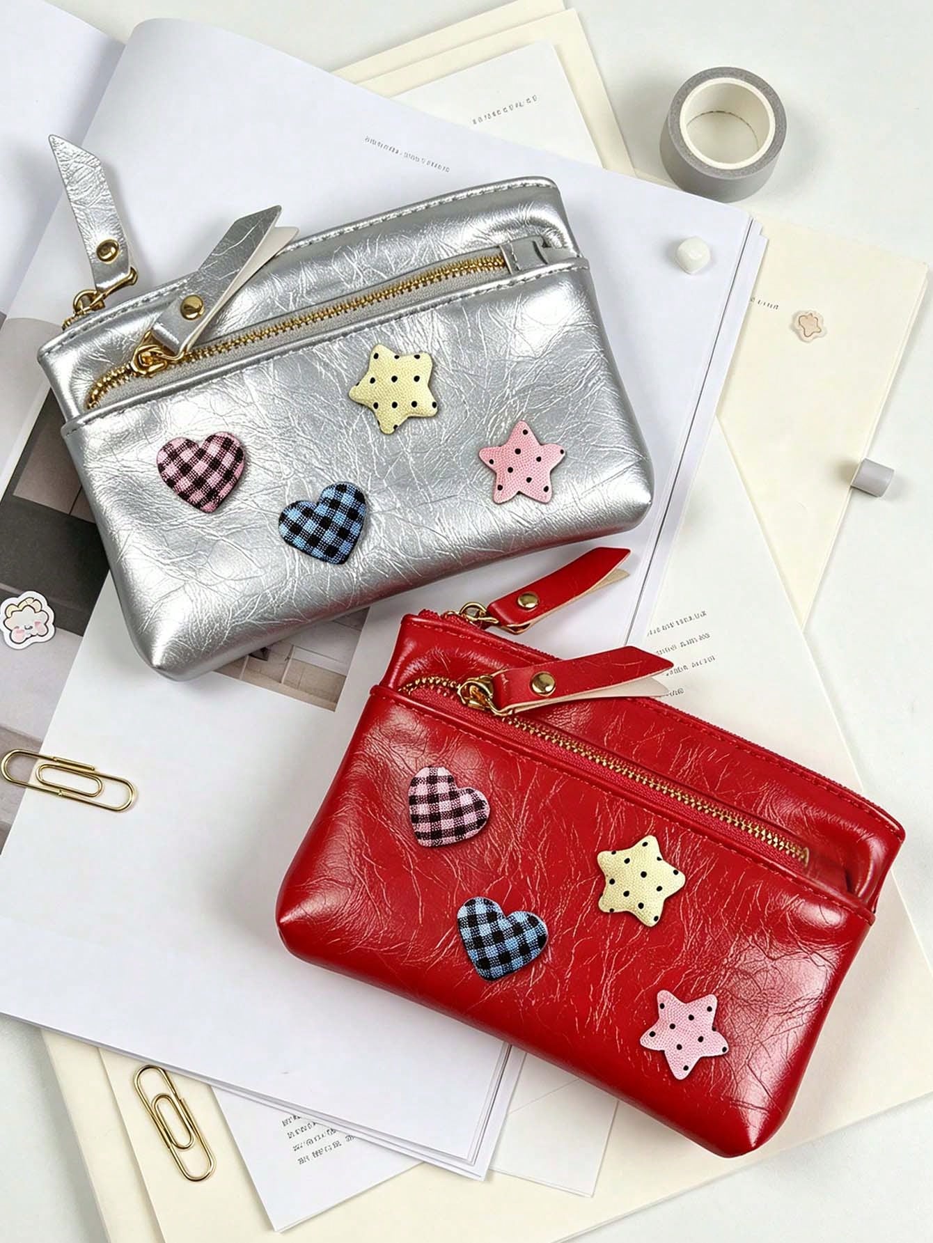 Cute Women Zipper Coin Purse,Y2k Heart Star Decorations,Double Zipper PU Wallet,Portable Key Card, Lipstick Holder,Daily Change Pouch,For Women Girl