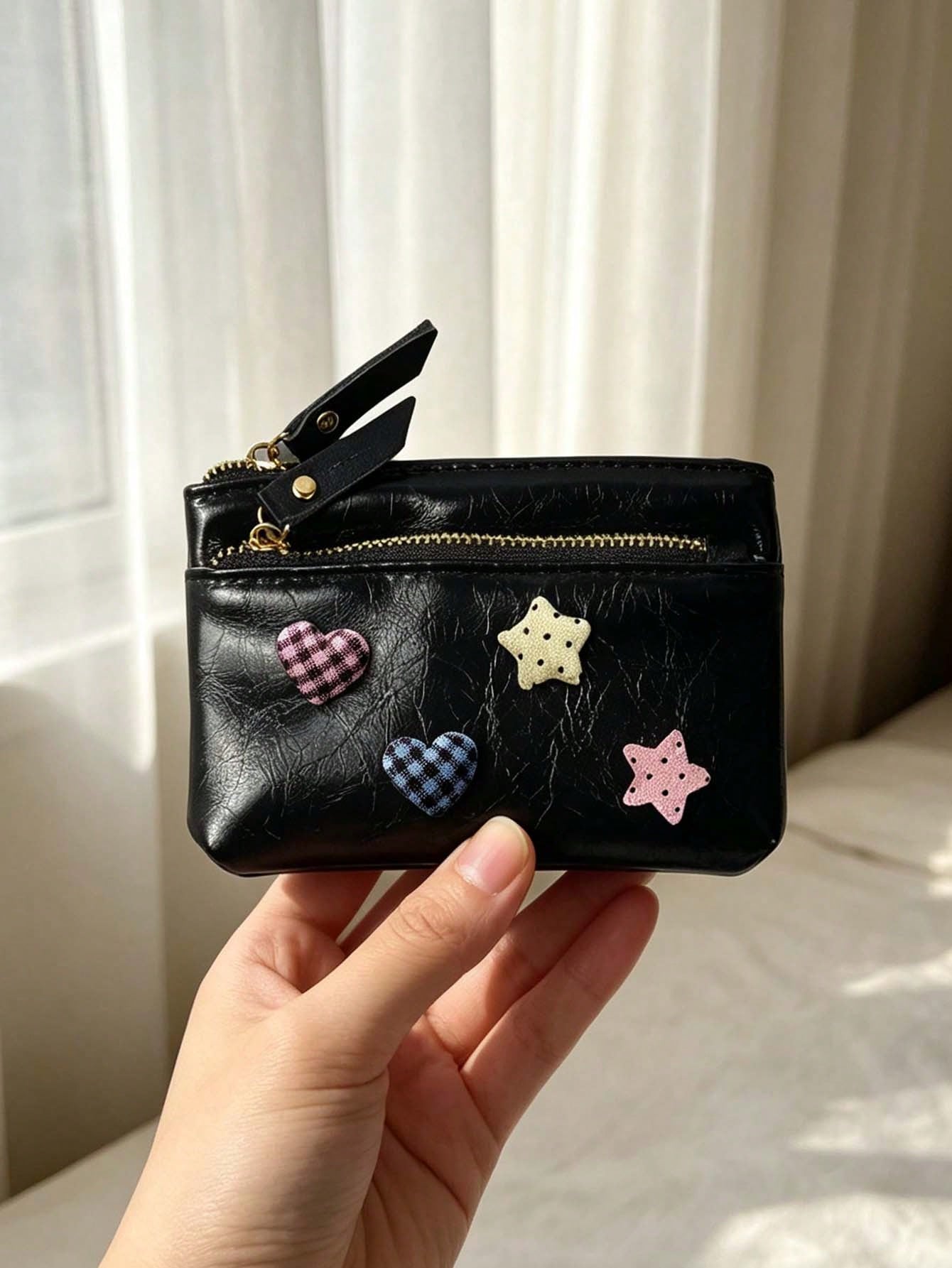 Cute Women Zipper Coin Purse,Y2k Heart Star Decorations,Double Zipper PU Wallet,Portable Key Card, Lipstick Holder,Daily Change Pouch,For Women Girl