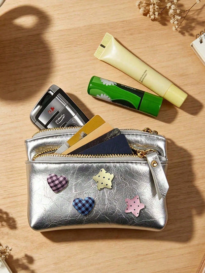 Cute Women Zipper Coin Purse,Y2k Heart Star Decorations,Double Zipper PU Wallet,Portable Key Card, Lipstick Holder,Daily Change Pouch,For Women Girl