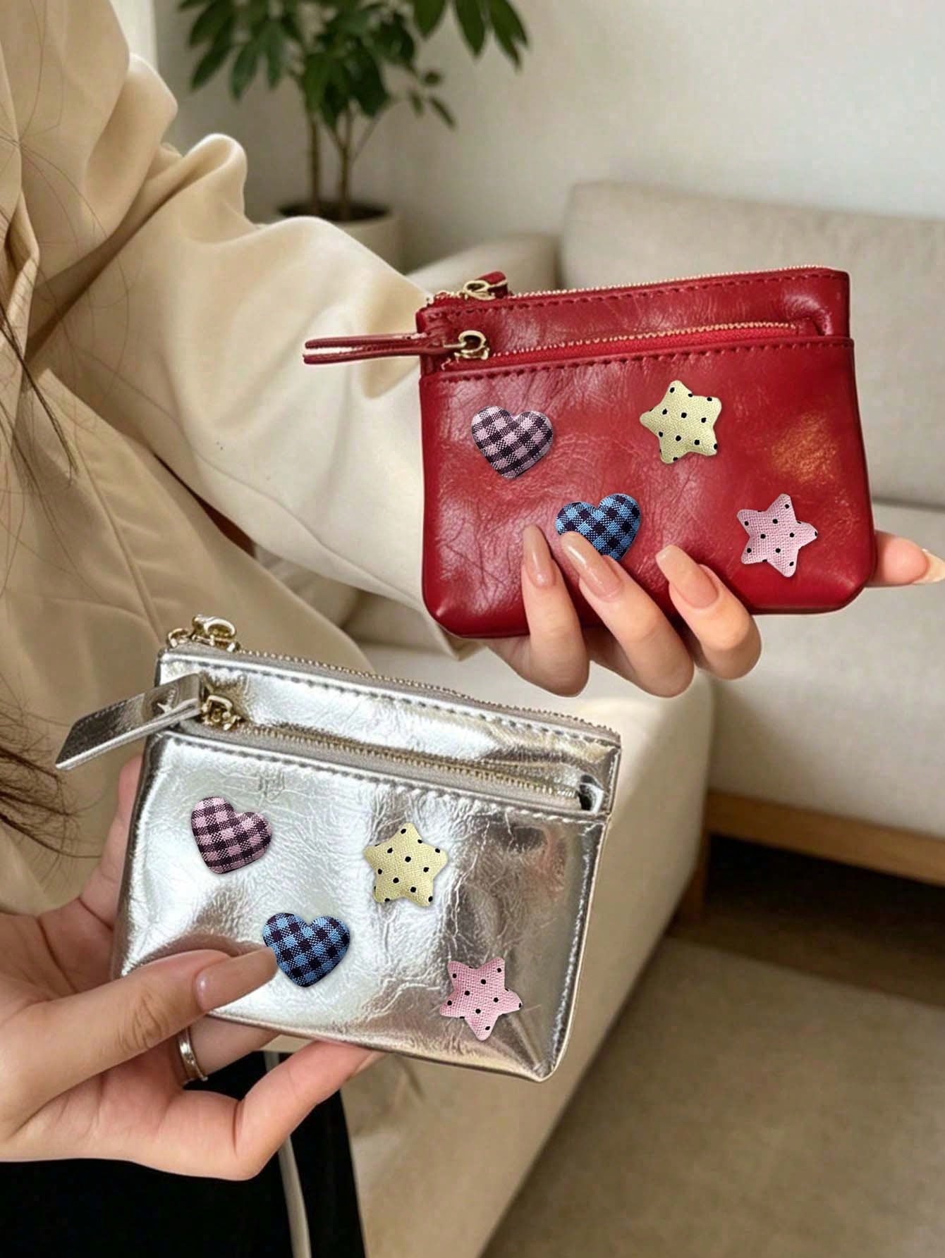 Cute Women Zipper Coin Purse,Y2k Heart Star Decorations,Double Zipper PU Wallet,Portable Key Card, Lipstick Holder,Daily Change Pouch,For Women Girl