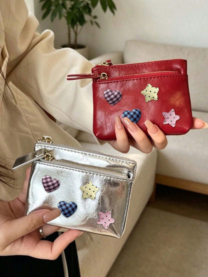 Cute Women Zipper Coin Purse,Y2k Heart Star Decorations,Double Zipper PU Wallet,Portable Key Card, Lipstick Holder,Daily Change Pouch,For Women Girl