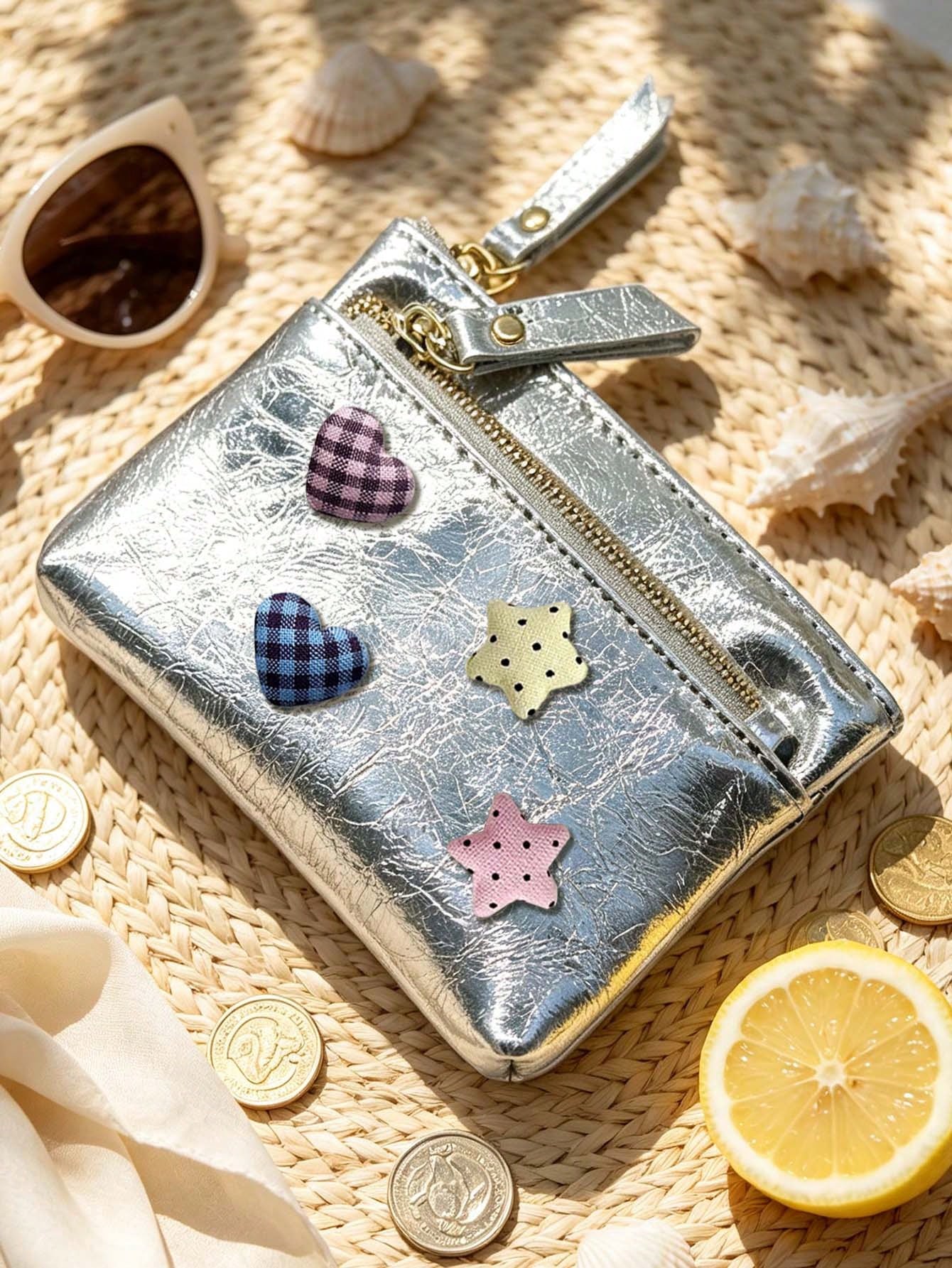 Cute Women Zipper Coin Purse,Y2k Heart Star Decorations,Double Zipper PU Wallet,Portable Key Card, Lipstick Holder,Daily Change Pouch,For Women Girl