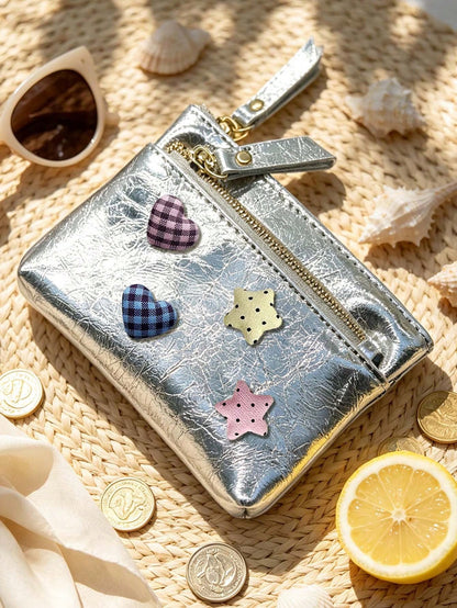 Cute Women Zipper Coin Purse,Y2k Heart Star Decorations,Double Zipper PU Wallet,Portable Key Card, Lipstick Holder,Daily Change Pouch,For Women Girl