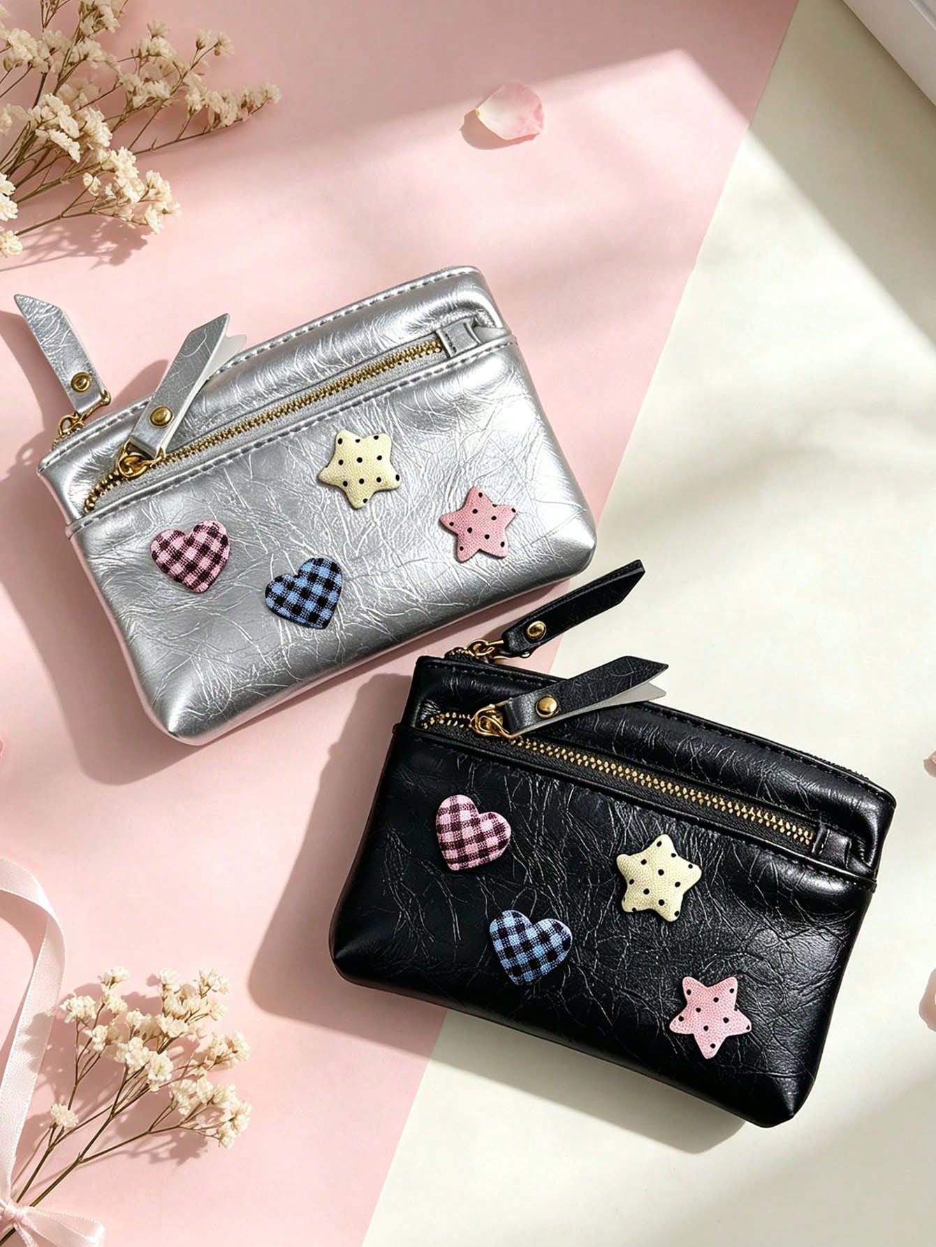 Cute Women Zipper Coin Purse,Y2k Heart Star Decorations,Double Zipper PU Wallet,Portable Key Card, Lipstick Holder,Daily Change Pouch,For Women Girl