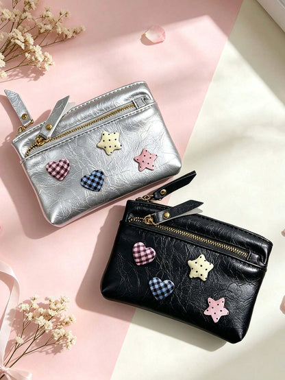 Cute Women Zipper Coin Purse,Y2k Heart Star Decorations,Double Zipper PU Wallet,Portable Key Card, Lipstick Holder,Daily Change Pouch,For Women Girl