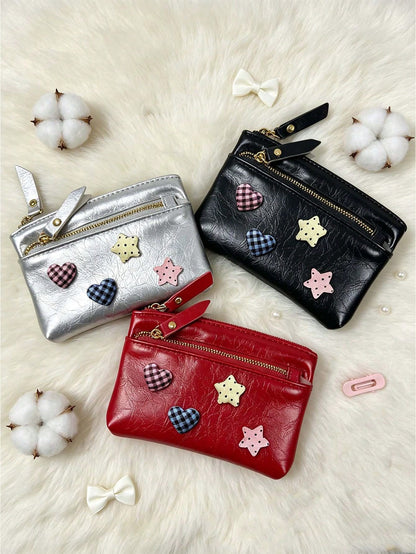 Cute Women Zipper Coin Purse,Y2k Heart Star Decorations,Double Zipper PU Wallet,Portable Key Card, Lipstick Holder,Daily Change Pouch,For Women Girl