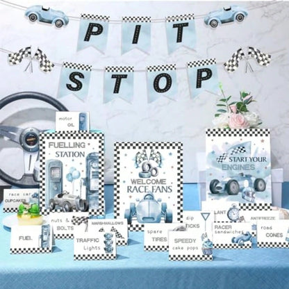 D19 Pcs Race Car Party Decorations Kit- Two Fast Blue Race Car Birthday Decor 2 Fast Dusty Blue Black Wheel Checkered For Baby Shower Party